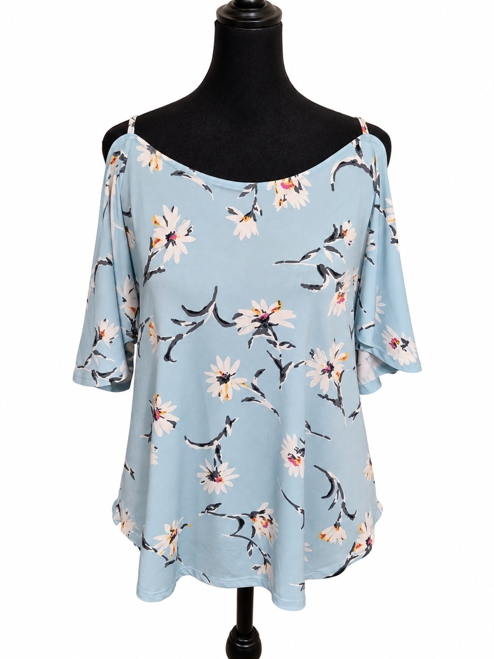 Kaleigh Blue Floral Cold Shoulder Crisscross Back Top – Medium